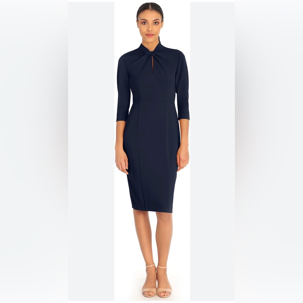 Donna Morgan Women's Stretch Crepe 3/4 Sleeve Twisted Neckline Sheath Dress Sz 4